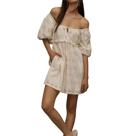 Anthropologie Pilcro Puff Sleeve Eyelet Romper White NEW